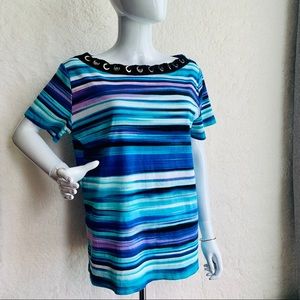 Rafaella Size 1x Top Colorful Striped Cotton